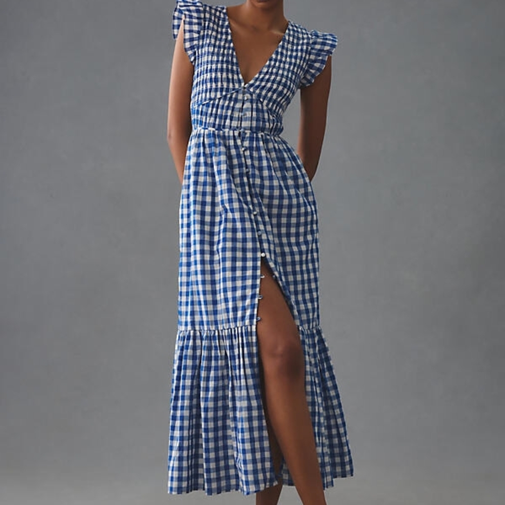 Anthropologie Blue Gingham Button-up Maxi Dress